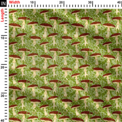 Red Amanita Mushrooms and Ferns Sage Green Print Fabric