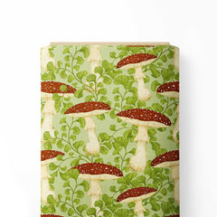 Red Amanita Mushrooms and Ferns Sage Green Print Fabric