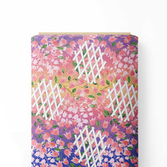 White trellis with Bougianvilleas Print Fabric