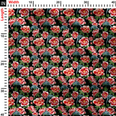 Red flower with blue bird print design Print Fabric