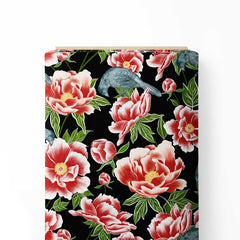 Red flower with blue bird print design Print Fabric