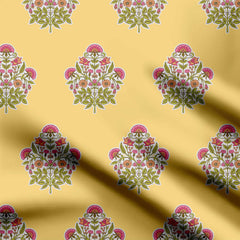 Sanganeri block print pink on yellow Print Fabric