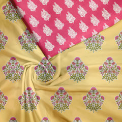 Sanganeri block print pink on yellow Tussar Silk Unstitched Suit Set