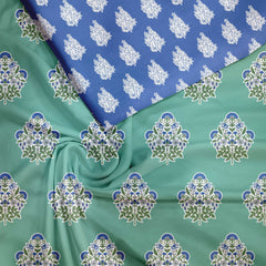 Sanganeri block print Sea green Indigo Tussar Silk Unstitched Suit Set