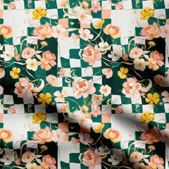 Rose Green Checks Print Fabric