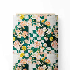 Rose Green Checks Print Fabric