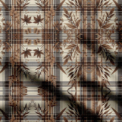 Chocolate Plaid Abstract Leaves Print Fabric