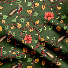 Green Texture Kalamkari Peacock Print Fabric