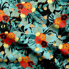 Orange floral bouquet on black Print Fabric