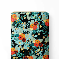 Orange floral bouquet on black Print Fabric