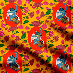 Bal Krishna and louts in yellow Print Fabric