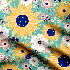 Yellow and turquoise sunflowers Print Fabric