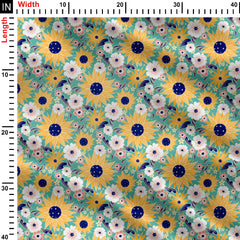 Yellow and turquoise sunflowers Print Fabric