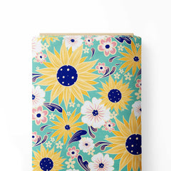 Yellow and turquoise sunflowers Print Fabric