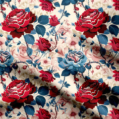 Blue Red Roses 1 Print Fabric