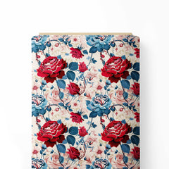 Blue Red Roses 1 Print Fabric