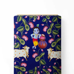 Krishna in the Lotus Garden Print Fabric