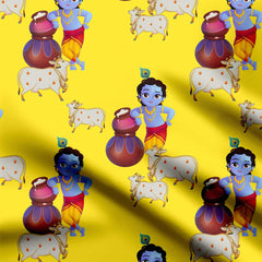 Makhanchor Krishna aur Gaayein Print Fabric