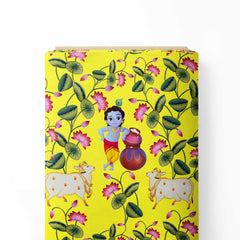 Little Krishna with Lotus Print Fabric