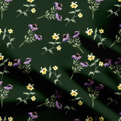 watercolour wild flowers on deep green Print Fabric