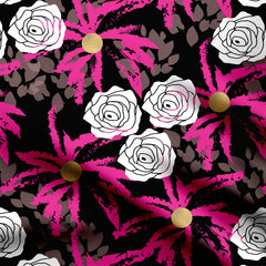 Magenta abstract flowers with white roses Print Fabric