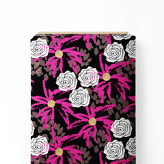 Magenta abstract flowers with white roses Print Fabric