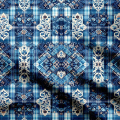 Blue Abstract Plaid Floral Print Fabric