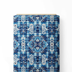 Blue Abstract Plaid Floral Print Fabric