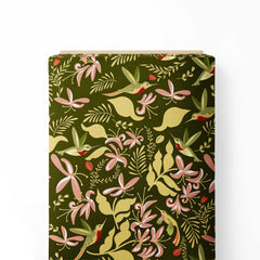 Humming Birds Feeding Olive Print Fabric