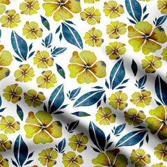 Watercolour Hibiscus Magic Yellow & Green Print Fabric