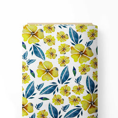 Watercolour Hibiscus Magic Yellow & Green Print Fabric