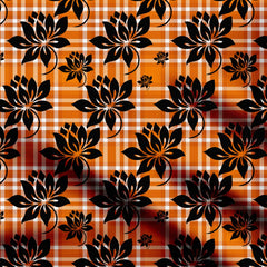 Orange Plaid Floral Print Fabric