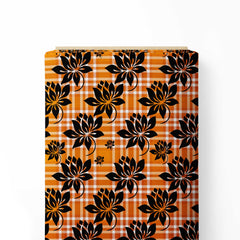 Orange Plaid Floral Print Fabric