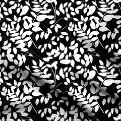 White Leaves On Black Print Fabric