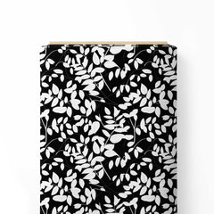 White Leaves On Black Print Fabric