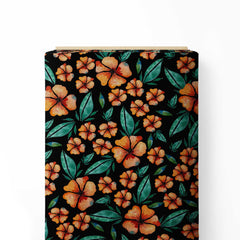 Hibiscus Flowers Orange on Black Print Fabric