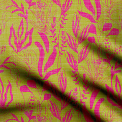 Foliage Leaves Mustard And Pink Print Fabric