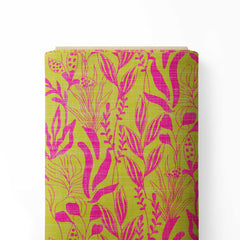 Foliage Leaves Mustard And Pink Print Fabric