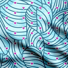 The wave blue pattern with tiny hearts Print Fabric