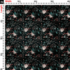 bottle green ground in natural flowers Print Fabric