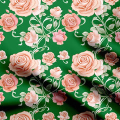 Bright green peach rose floral Print Fabric