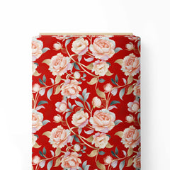 Red Peach Roses Print Fabric