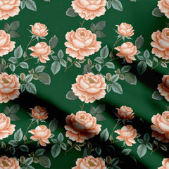 Dark Green Peach Roses Print Fabric