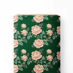 Dark Green Peach Roses Print Fabric