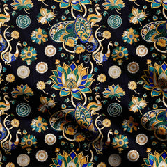 Black Ethnic Peacock Floral Print Fabric