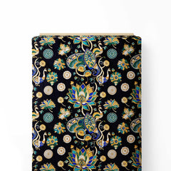 Black Ethnic Peacock Floral Print Fabric