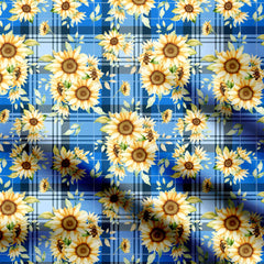 Tartan Blue Sunflowers Print Fabric