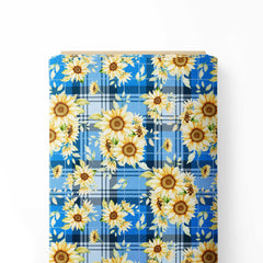 Tartan Blue Sunflowers Print Fabric