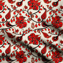 Red Kalamkari floral motifs curvilinear vines Print Fabric