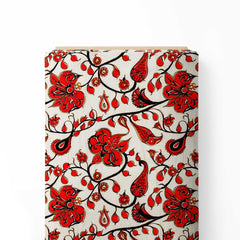 Red Kalamkari floral motifs curvilinear vines Print Fabric